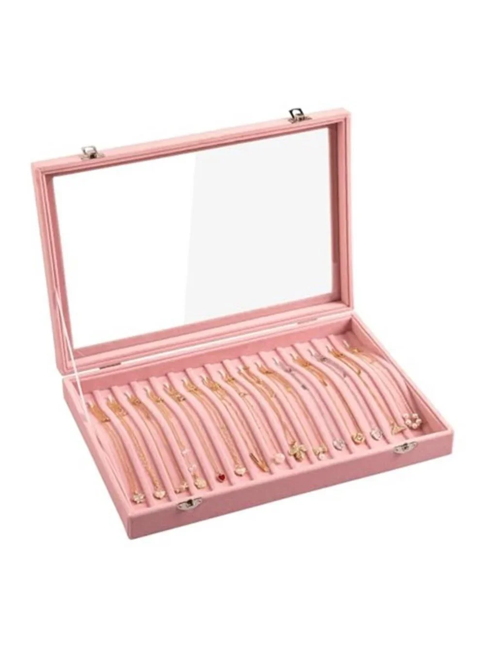 15 Hooks Necklace Organizer,Velvet Necklace Holder Tray with Lid | Jewelry Case
